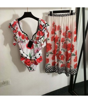 Spring/summer women's fashion new suit ruffled one-piece swimsuit printing skirt