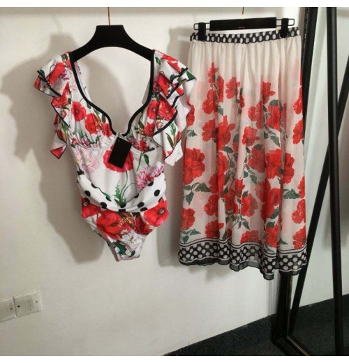 Spring/summer women's fashion new suit ruffled one-piece swimsuit printing skirt