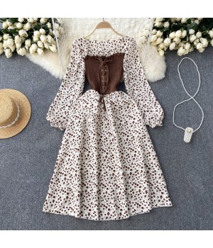 Sweet Design High Waist Long-Sleeved Dress Women'S Autumn Floral Long Dress With Contrasting Colors