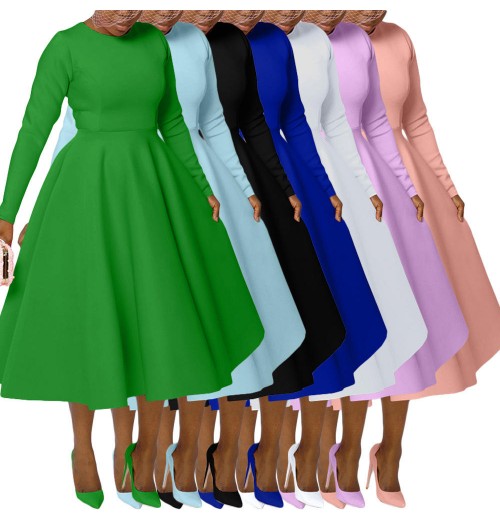 women's clothing fall 2024 elegant Fashionable Solid Color crew neck Pockets long sleeve A-Line midi dress