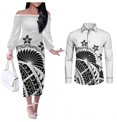 Polynesian Tribal Print black and white clothing couple clothes women Dress Off Shoulder Dress Match Long Sleeve Men Shirts