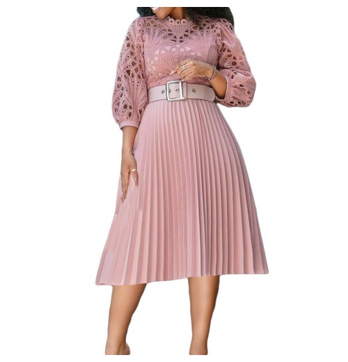 Casual dresses Elegant women's clothing Long Sleeves Hollow Crocheted Hook Lace Pleated plus size women's dresses with Belt