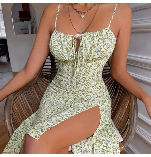 High-end Dress Bulk Clothes Fashion Spaghetti Strap Bow Tie Neck Gathered Bust Floral Mini Floral Tie Front Slit Hem Cami Dress