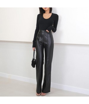 Fashion Straight Leg Pants Casual Loose Women's Trousers Black Genuine Leather Pants