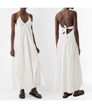 SF AL 24D064 Hot Selling Cotton Women Slim Halter Sexy White Long Dress Casual Maxi Dresses Beach Wear Sleeveless Maxi Dress